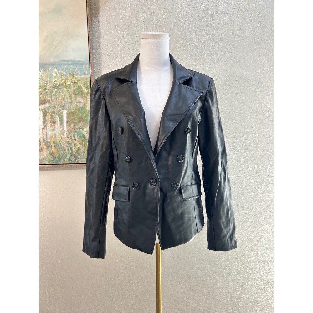 Evereve Black Vegan Leather Double Breasted Blazer Jacket Women Medium